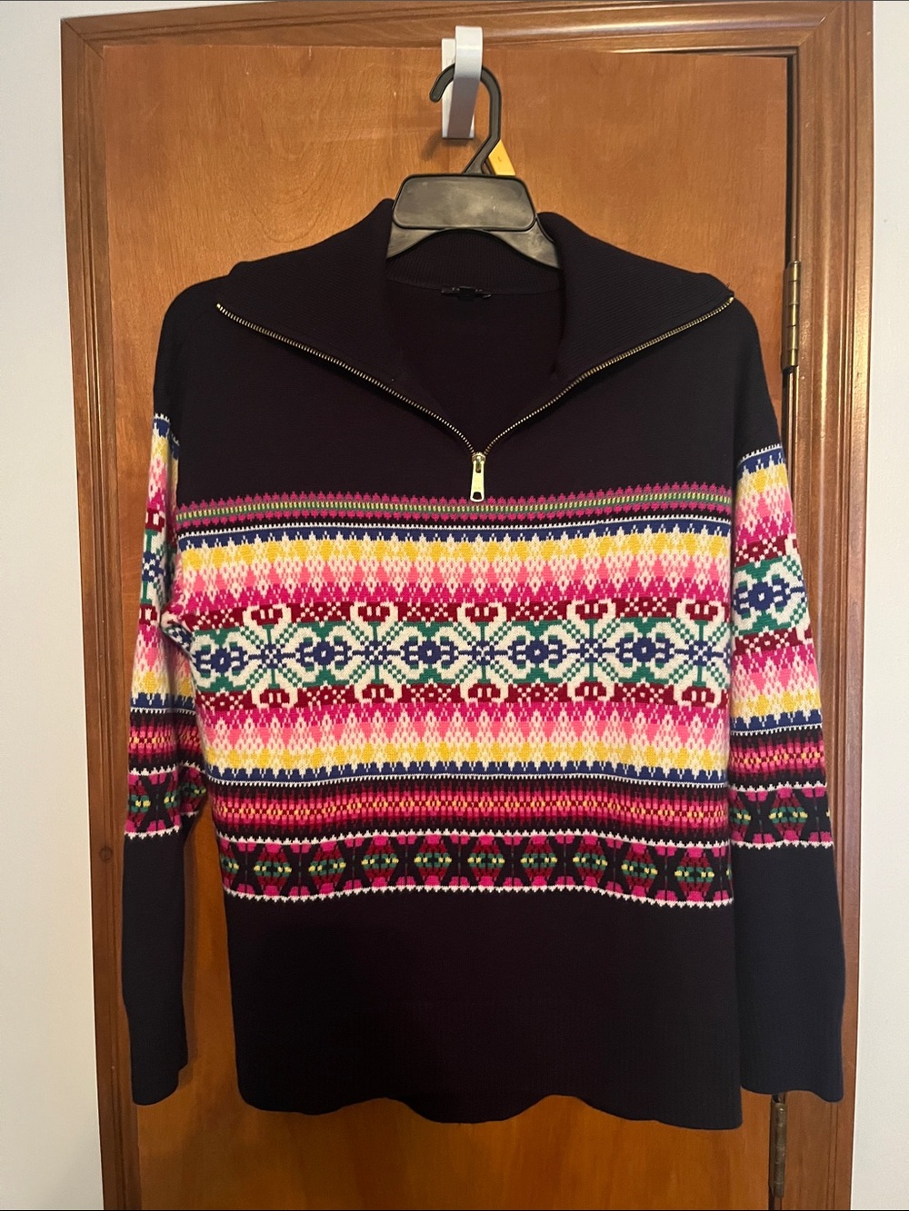 Women’s Navy Half-Zip Fair Isle Sweater with Multicolor Pattern